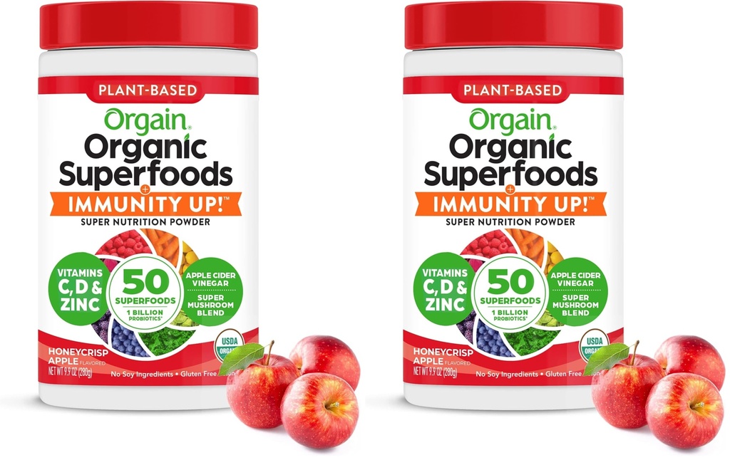Orgain Organic Greens + 50 Superfoods Immunity Up! Powder,Honeycrisp Apple-Immune Support,Probiotics,Vitamin C,D&Zinc,Apple Cider Vinegar,Ashwagandha,Cordyceps&Reishi Mushrooms-0.62lb,(Pack of 2)