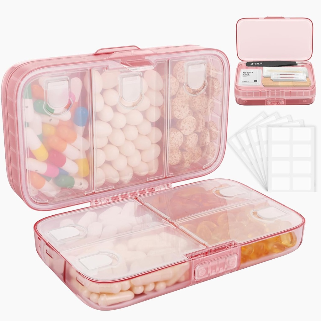 FYY Wekelijkse Pillen Organisator met Labels,8 Compartments Reizen Dagelijkse Pillen Case Luchtdichte Vochtdichte Grote Pillen Doos om Vitaminen, Visolie, Supplementen, Cotton Swab en Bandages-Roze vast te houden