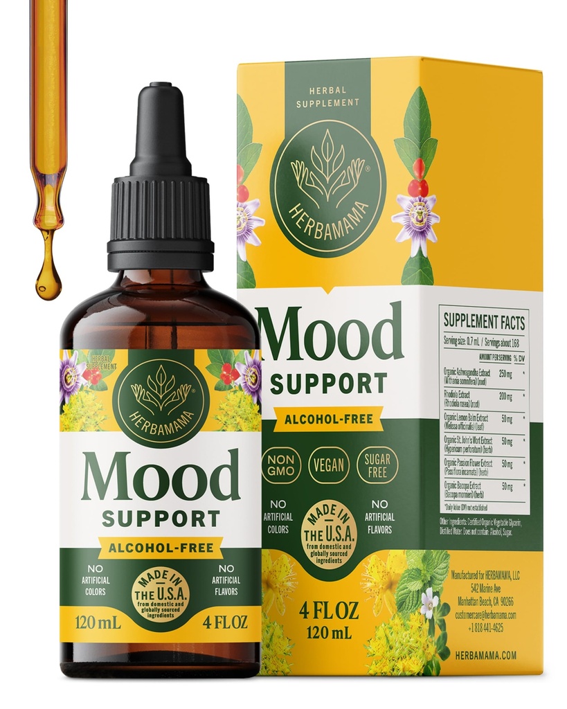 HERBAMAMA Mood Support Supplement - Vegan Calmness & Relaxation Support with Rhodiola & Ashwagandha Blend Drops - Non-GMO, Alcohol & Sugar-Free Tincture, 56-Day Supply
