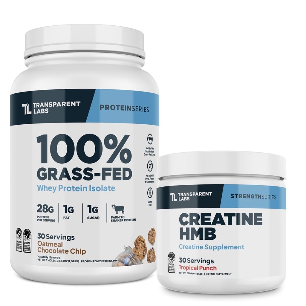 Transparent Labs Grass-Fed Whey Protein Isolate (30 Servings, Oatmeal Chocolate Chip) & Creatine HMB (30 Servings, Tropical Punch)