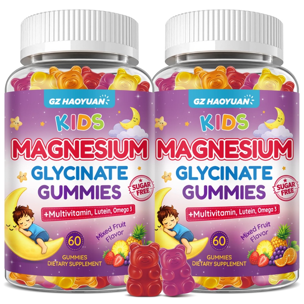 Magnesium Glycinate Gummies for Kids 4+, Sugar Free Mixed Fruit Flavor, Magnesium Supplement with Multivitamin, Lutein, L-Theanine, Supports Sleep, Stress Relief, Muscle Health, Eye, Calm Mood, 120Cts