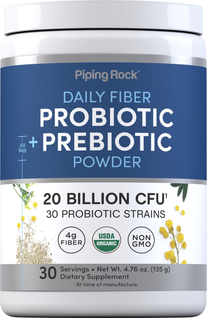 Piping Rock Probiotic and Prebiotic Powder | 20 Billion CFU | 4.76 oz | Organic Fiber Blend | for Women and Men | Vegan, Non-GMO, Gluten Free Supplement