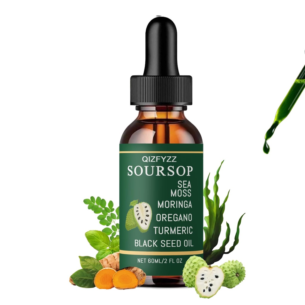 Qizfyzz Soursop Bitters Liquid Drops, Liquid Drops Soursop Bitters 10 in 1 with Sea Moss, Moringa, Turmeric, Black Seed Oil, Oregano, Ashwagandha, Herbal Extracts for Overall Health (1pc)