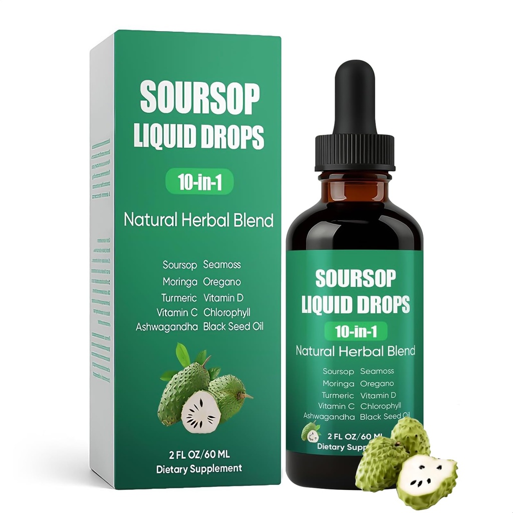 Soursop Natural Drops, 10-in-1 Soursop Extract Drops with Sea Moss, Moringa, Turmeric, Black Seed Oil, Oregano, Ashwagandha Immune Support, Improving Gut Health, Heart Health, 2 Fl Oz