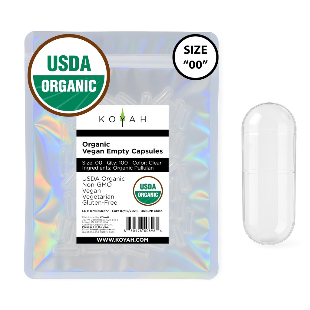 KOYAH - Certified Organic Empty Pullulan Capsules: Size 00, Vegan, Gluten-Free, Non-GMO, Allergen Free – Ideal for DIY Supplements (100 Count)