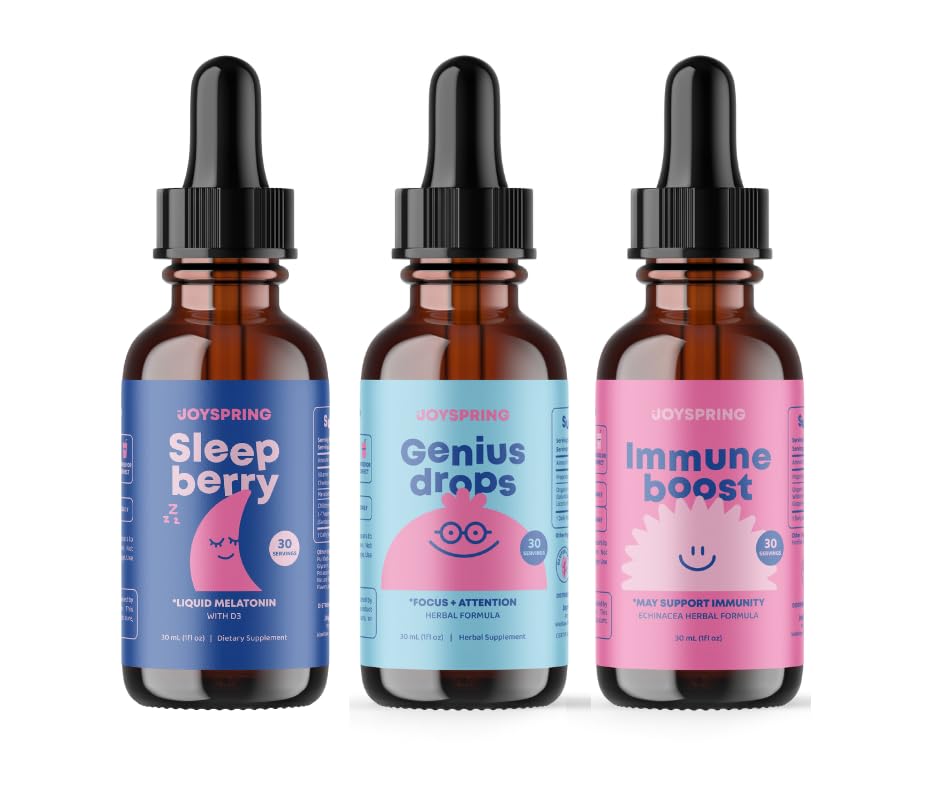 JoySpring Immune Booster for Kids with Elderberry, Echinacea, Orange Peel & Grape Root, SleepBerry Melatonin for Kids with Elderberry Genius Drops Brain Supplement for Kids