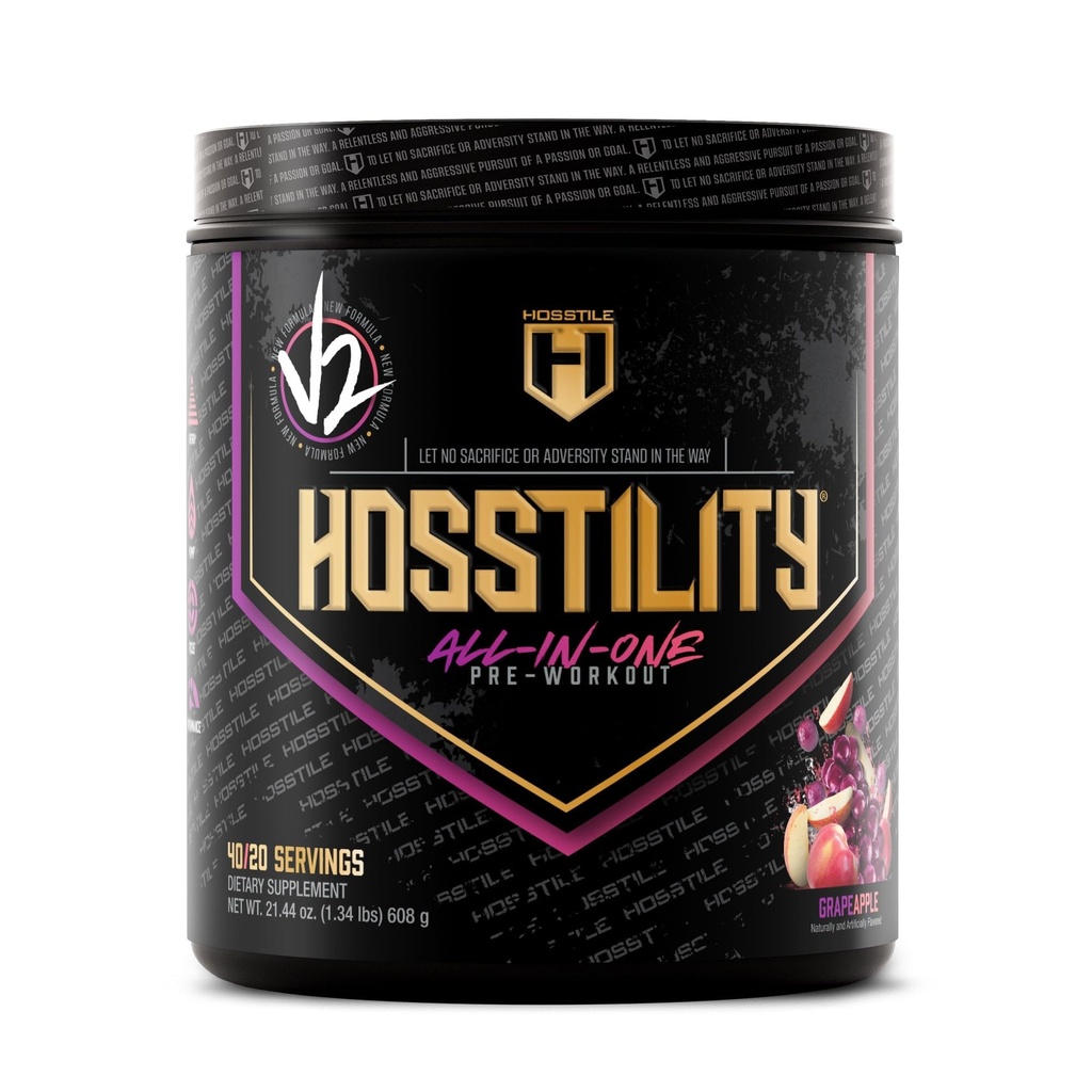 HOSSTILE Hosstility V2 Pre-workout, All-in-One Pre-workout poeder voor mannen en vrouwen, Verbeter spierpomp, Verhoog energie, Boost sterkte, scherpte Focus, Grape Apple, 40 porties