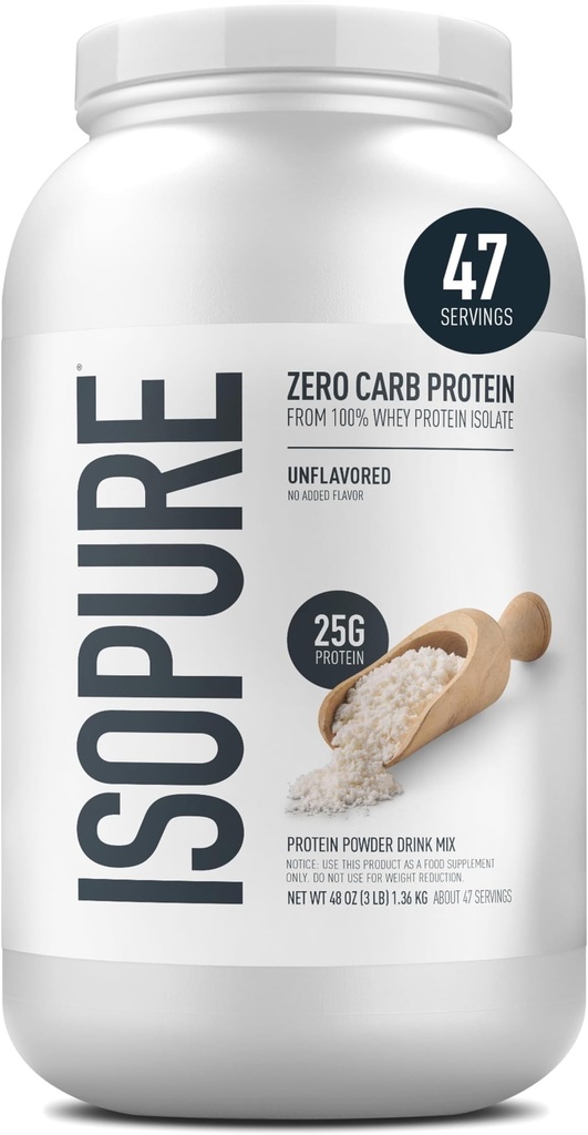 Isopure Zero Carb 100% Pure Whey Isolate Protein Powder, Gluten Free, with Vitamins, Unflavored, 25g Protein Per Serving, 3 Lbs, 47 Servings, (Pack of 6), (Packaging May Vary)