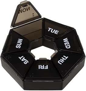 EZY DOSE 7-dagen Weekly Pillen Organisator, Dagelijkse Medicine Container en Vitamine Planner, Ronde Supplement Case, Compact, Reizen Vriendelijk, Portable Storage Sorter, 7-sided Circle, Zwart, BPA Gratis