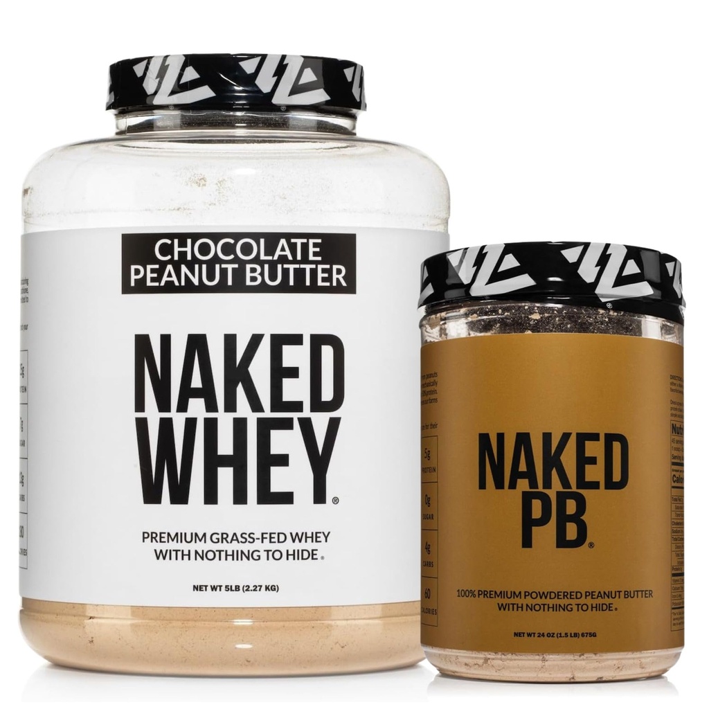 NAKED Whey Chocolate Peanut Butter Protein Powder (52 Servings) + PB Powdered Peanut Butter 1.5LB (45 Servings) – Grass-Fed; Non-GMO; Gluten Free; Soy Free; Bulk