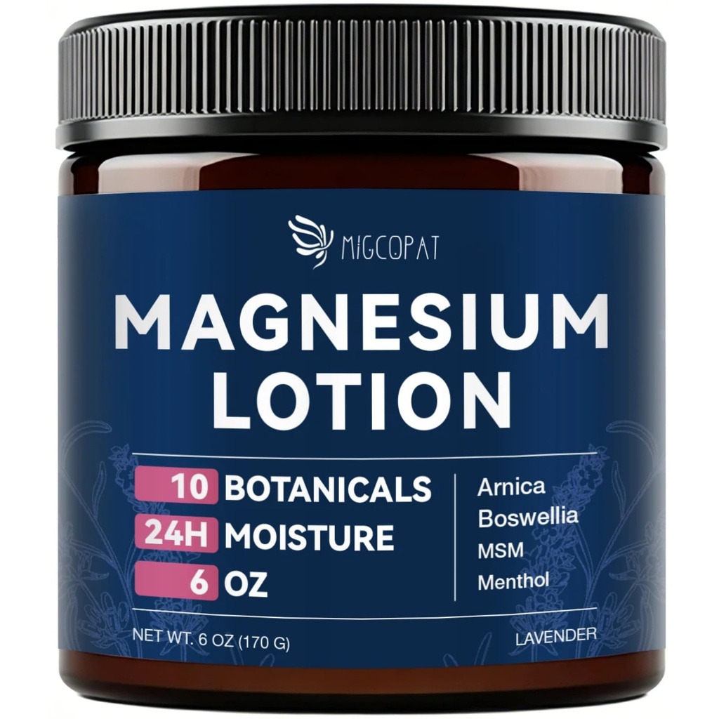 Migcopat Magnesium Lotion with Arnica, MSM & Hyaluronic Acid, Jojoba Oil, Magnesium Cream for Sleep, Leg Cramps, Muscles, Joints & Feet, Suitable for Kids and Adults, Lightweight, Lavender Scent, 6 oz