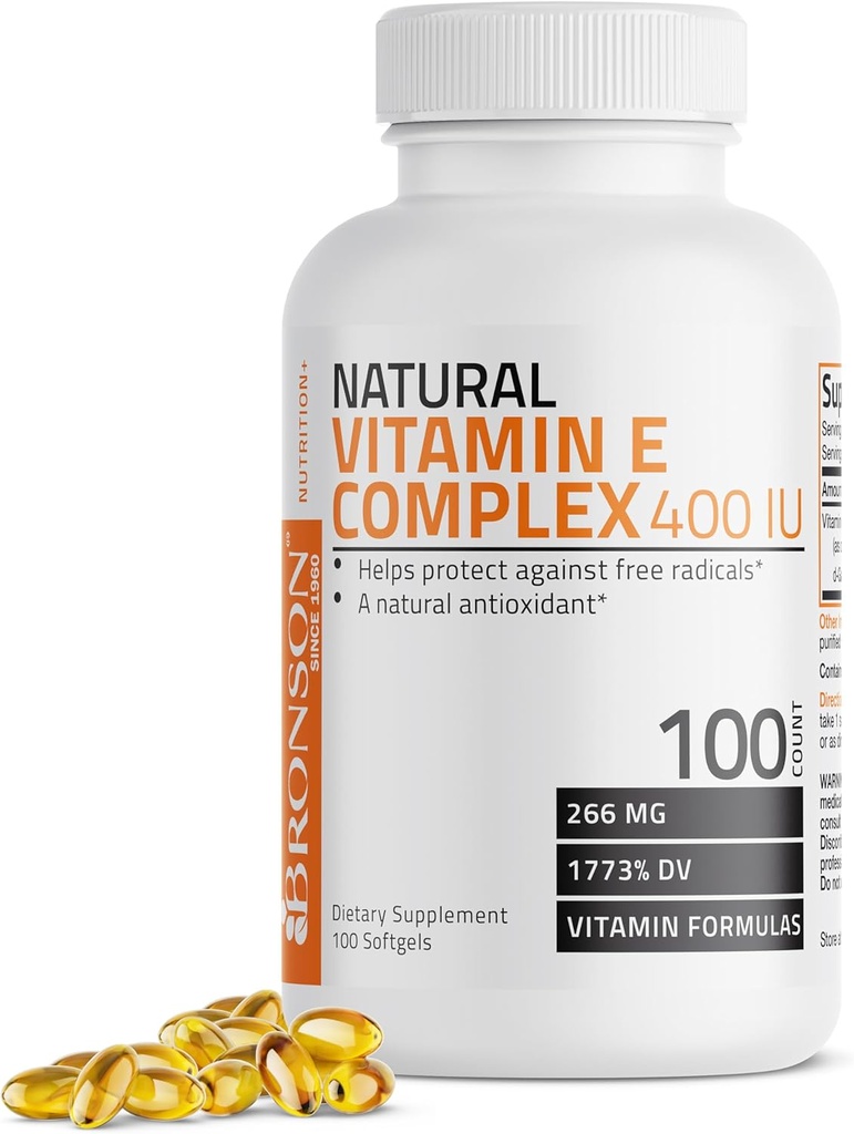 Bronson Natural Vitamin E Complex 400 I.U. Supplement (d-Alpha Tocoferol Plus d-Beta, d-Gamma, & d-Delta Tocoferols), natuurlijke antioxidant, 100 Softgels