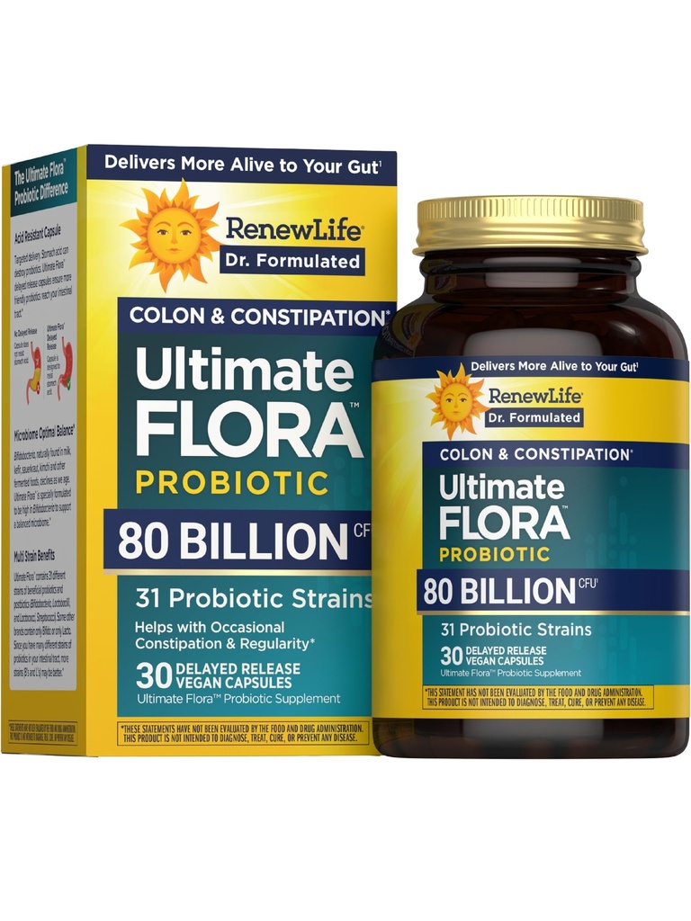 Renew Life Ultimate Flora Probiotics Colon & Constipation Support 80 Billion CFU Delayed Release Vegan Capsules | Doctor Formulated | Digestive Health| Immune Health | Dairy Free | 30 Count