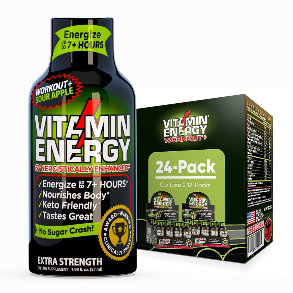 Vitamin Energy Workout+ Extra sterkte Energie Shot Sour Apple 24 Pack, 260mg Natural Cafeine, Pre-Workout, B-Vitamins, Mineralen, Endurance & Performance, Zero Sugar, Gluten-Free, Vegan, 1,93 fl oz