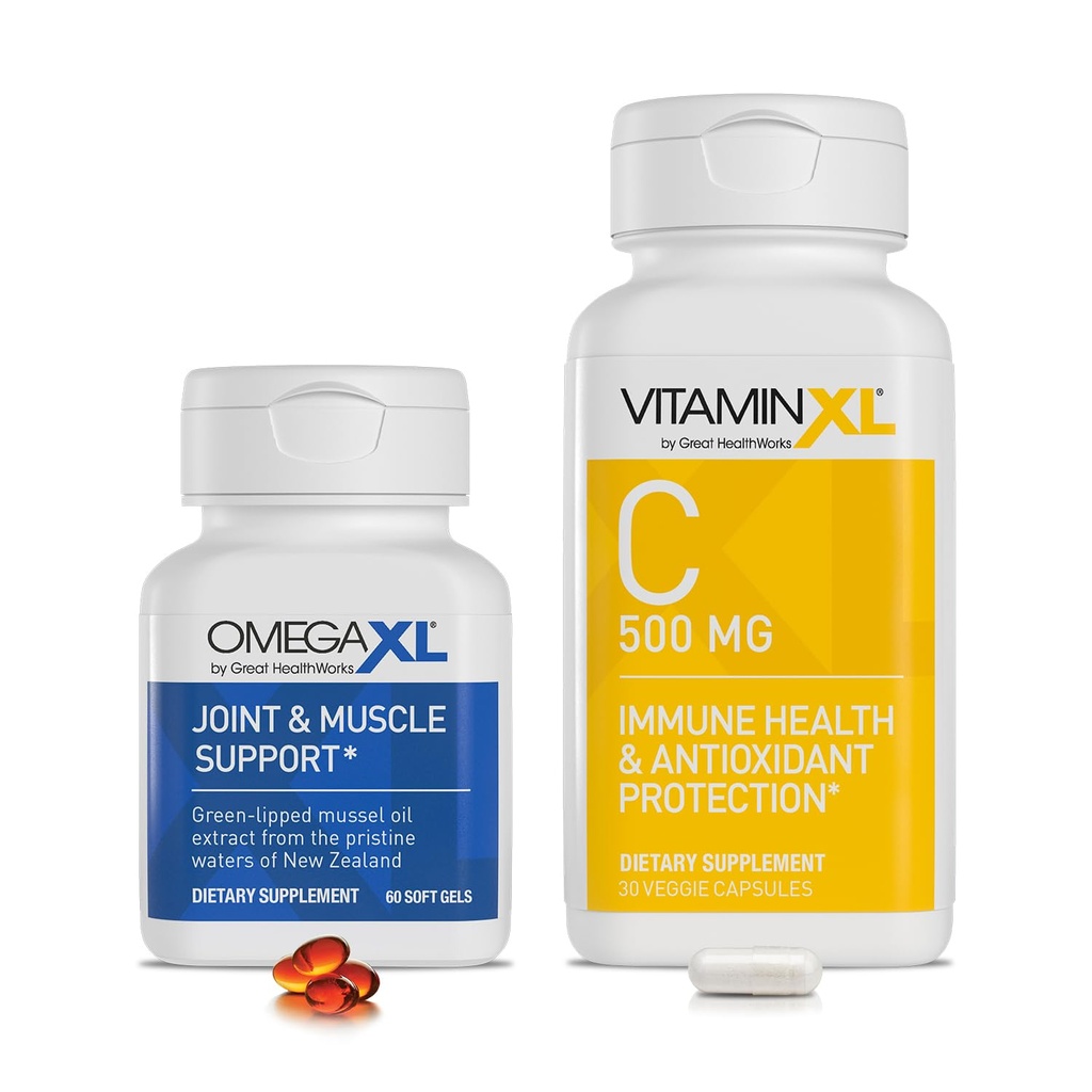 OmegaXL Joint Support Supplement, Natural Muscle Support (60 Softgels) & VitaminXL Vitamin C Supplement for Antioxidant Support, Helps Immune Health and Collagen Production (30 Vegan Capsules)