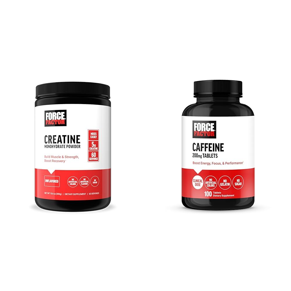 Force Factor Creatine Powder 60 Serves and Cafeïne Tablets 100 Tablets - Creatine for Muscle Gain and Cafeïne for Energy