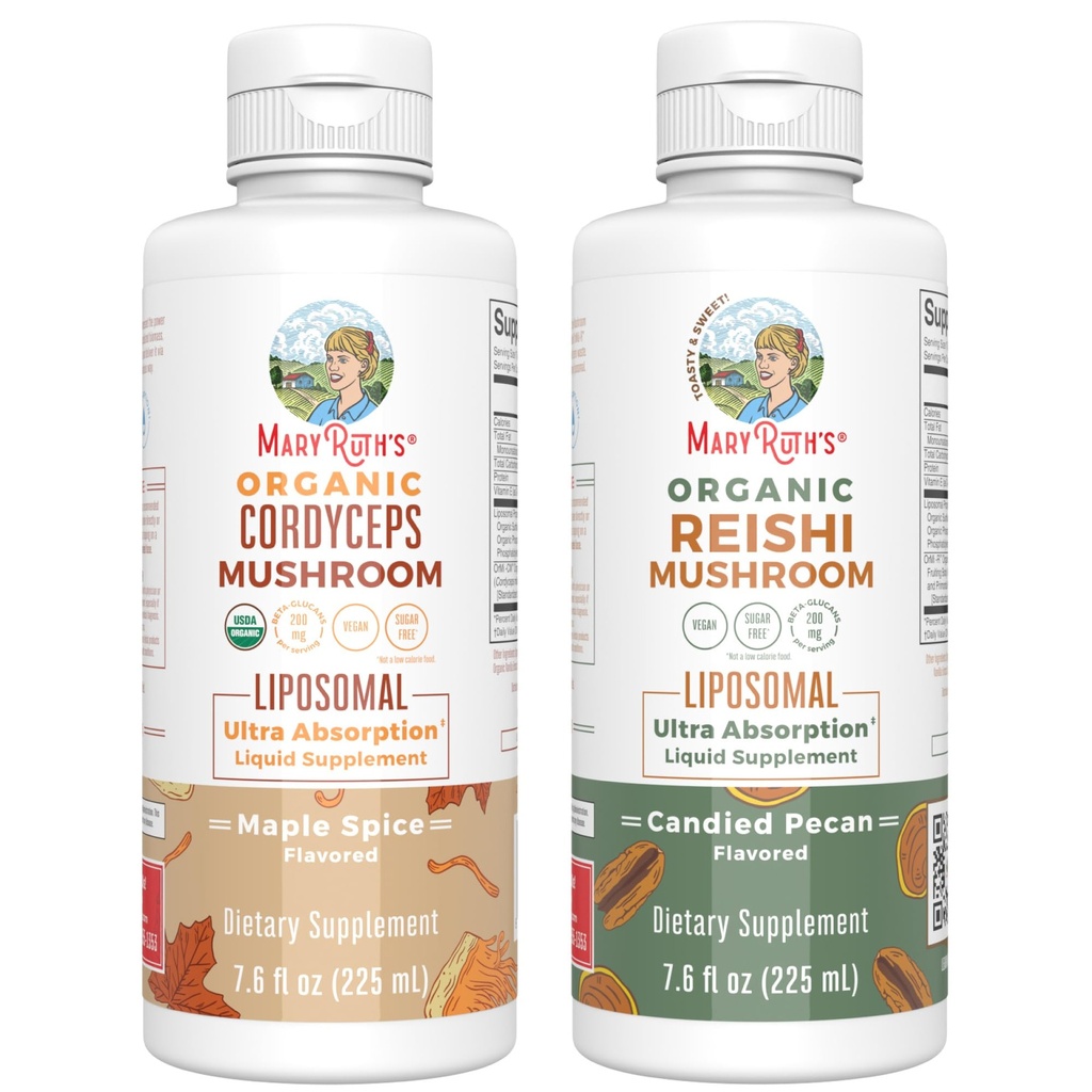 MARYRUTH'S Organics Cordyceps Liposomal (Maple Spice) & Reishi Mushroom (Candied Pecan) | Clean Label Project Verified® | Vitamins for Immunity, Skin, & Overall Health | Vegan, Non-GMO, Gluten-Free