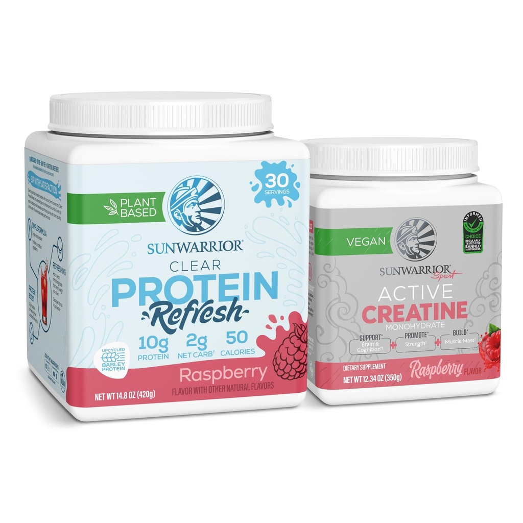 Sunwarrior Clear Protein Powder | Vegan Plant-Based Protein 30 Servings, Raspberry Flavored & Creatine Monohydrate Powder | 50 Servings, Raspberry Flavored