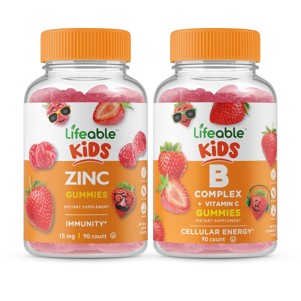 Levensvatbare Zink Kids + B Complex Kids, Gummies Bundle - Grote Proeverij, Vitamine Supplement, Glutenvrij, GGO-vrij, Kauwgom