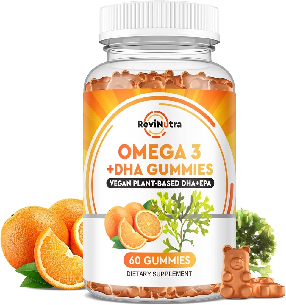 Omega 3 Gummies, Omega 3 Visolie Supplementen Alternatief met EPA & DHA, CoQ10, Folaat, Vitamine A, D3, E, Ondersteunt Hersenen, Gezamenlijke, Hart, Oog, en Immuun Systeem Functie-Orange Smaak, 60 Gummies