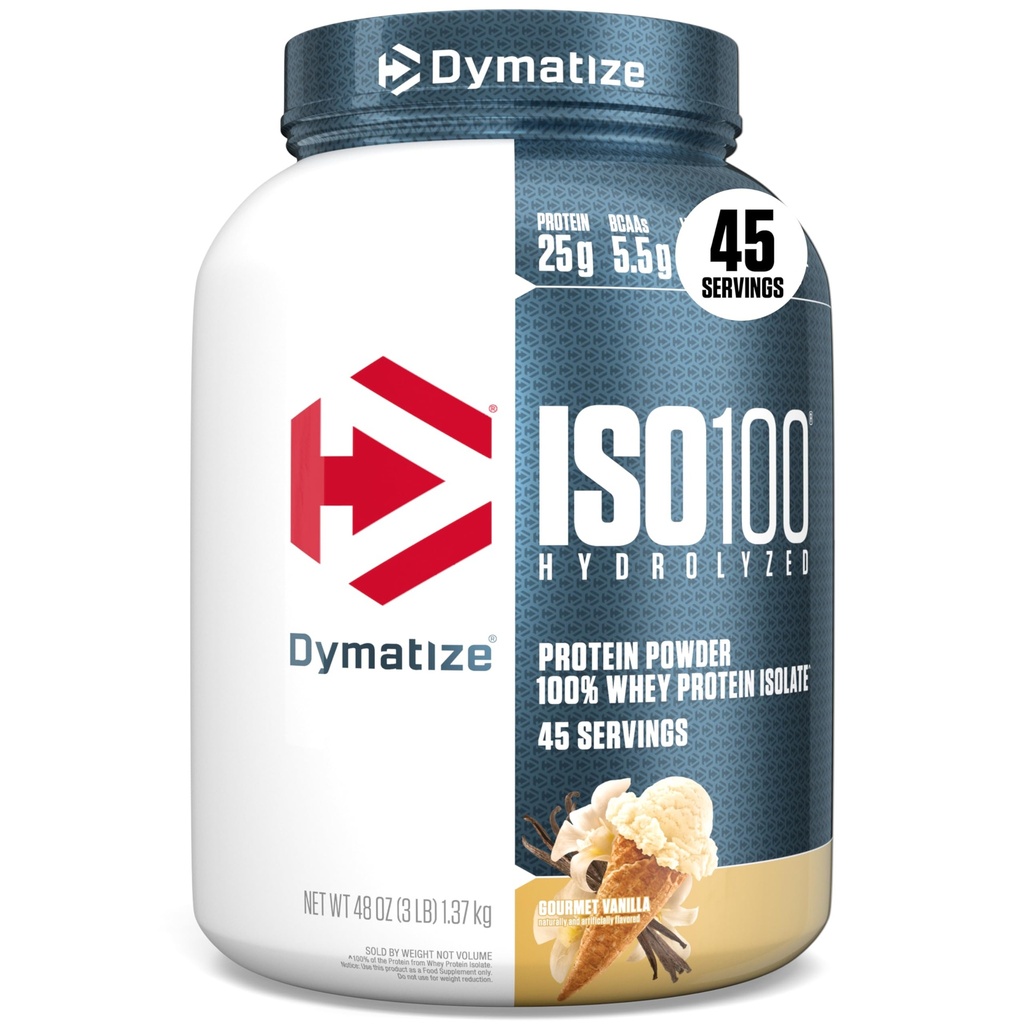 Dymatize ISO100 Wei Proteïne Poeder Isolaat, Vanille, 25g Proteïne, 3 Pond, 5.5g BCAA's, Minder dan 120 Cal., Glutenvrij, 1g Vet, 1g Suiker, 2g Kool (45 Serven)