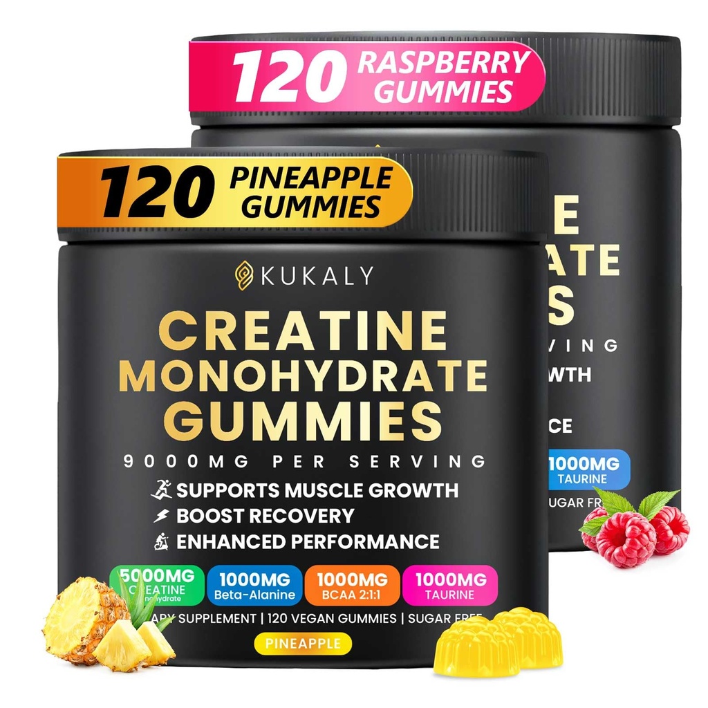 Creatine Monohydrate Gummies for Men & Women, 9000MG Creatine Gummies Sugar Free -BCAA 2:1, B12 B6 for Boost Strength, Focus & Endurance, Vegan, Non-GMO