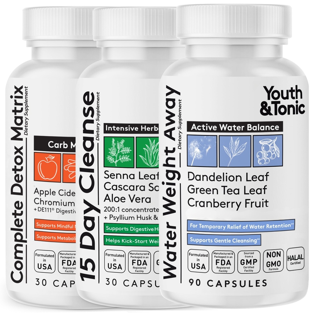 Youth & Tonic Detox Cleanse Extra Water Loss Kick Off Weight Management | ACV Detox 15 Day Colon Cleanse Water Away |150 Pills