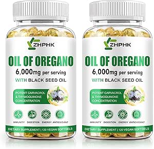 Olie van Oregano met Zwarte Zaadolie, 6000mg Oregano Oil Capsules Biologische Natuurlijke Carvacrol & Thymochinon, Immune Digestieve Ondersteuning, Non-GMO, Glutenvrij, 120 Tel.