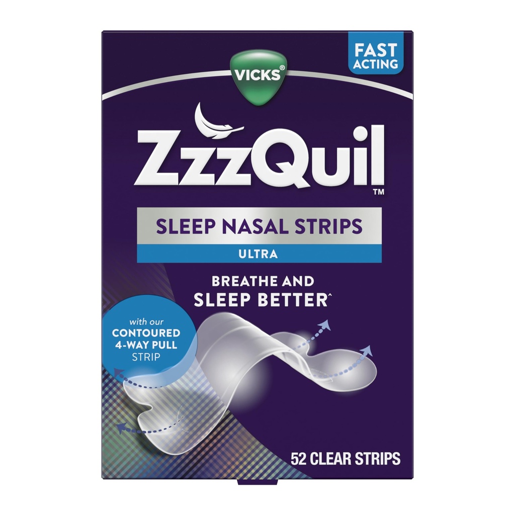 ZzzQuil Sleep Nasal Strips, Clear Nasal Strips, Snoring Relief from Nasal Congestion, Works Instantly, Reduces Nasal Congestion for Less Snoring and Better Sleep, Drug Free, 52 Nasal Strips