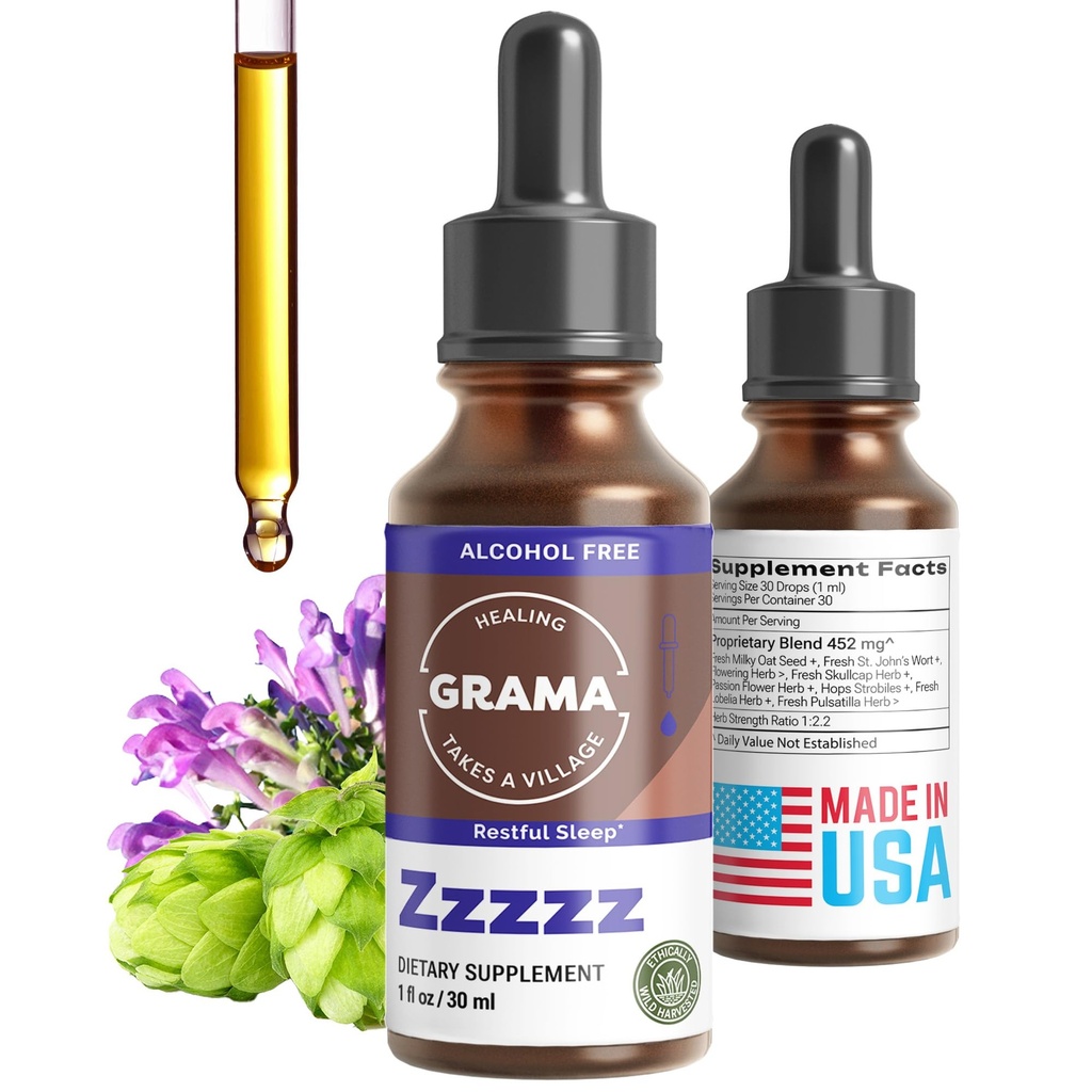 Grama Wellness Zzzzz Organic Sleep Aid Tincture – Non Habit Forming Nighttime Drops for Adults, Fast-Acting Liquid Sleep Aid for Deep Rest, Calm & Relaxation – Alcohol-Free, 1 fl oz
