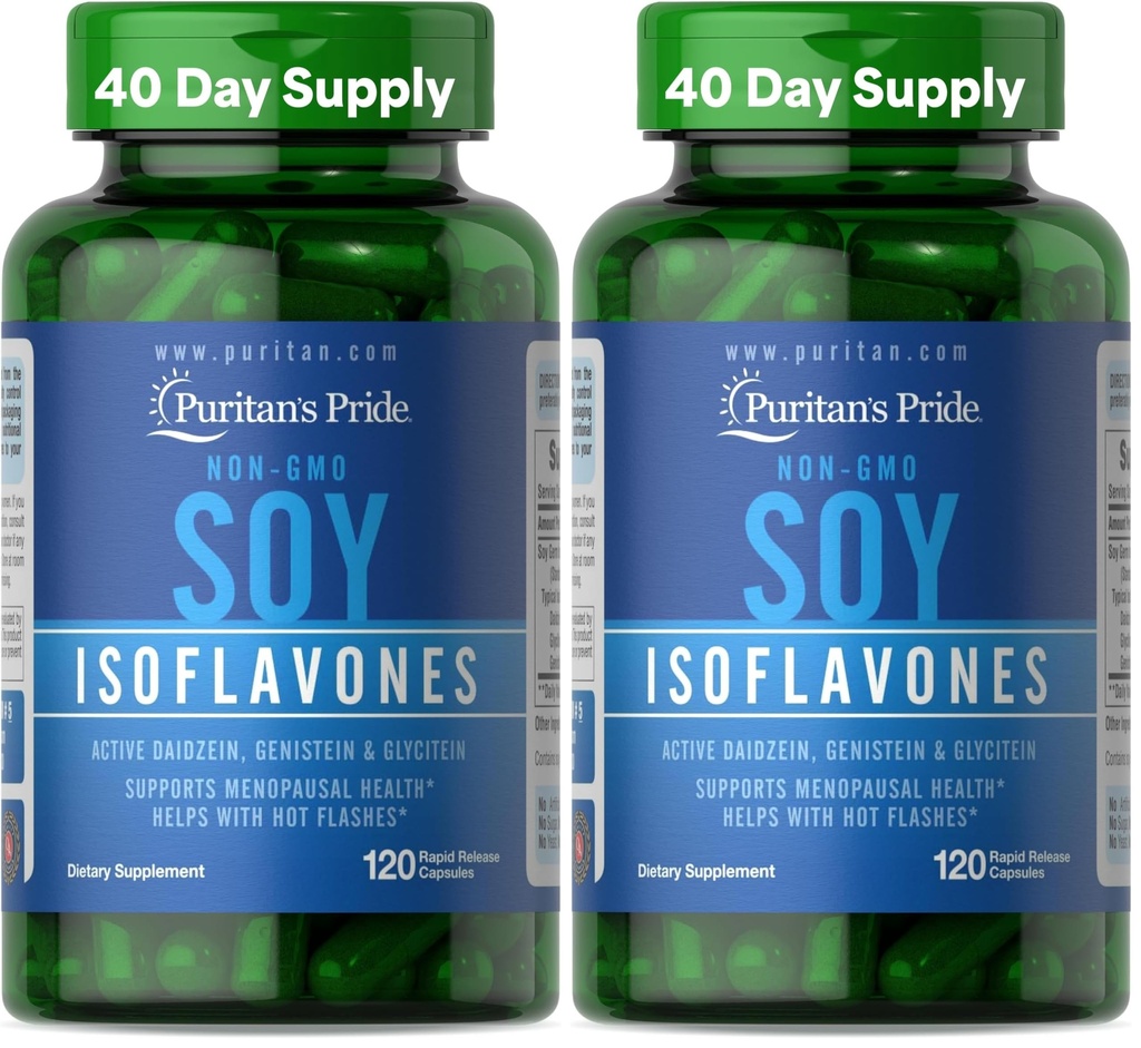 Puritan's Pride Non-GMO Soy Isoflavones 750mg, Dietary Supplement with Active Daidzein, Genistein, and Glycitein Supports Menopause and Hot Flashes, 120 Rapid Release Capsules (Pack of 2)