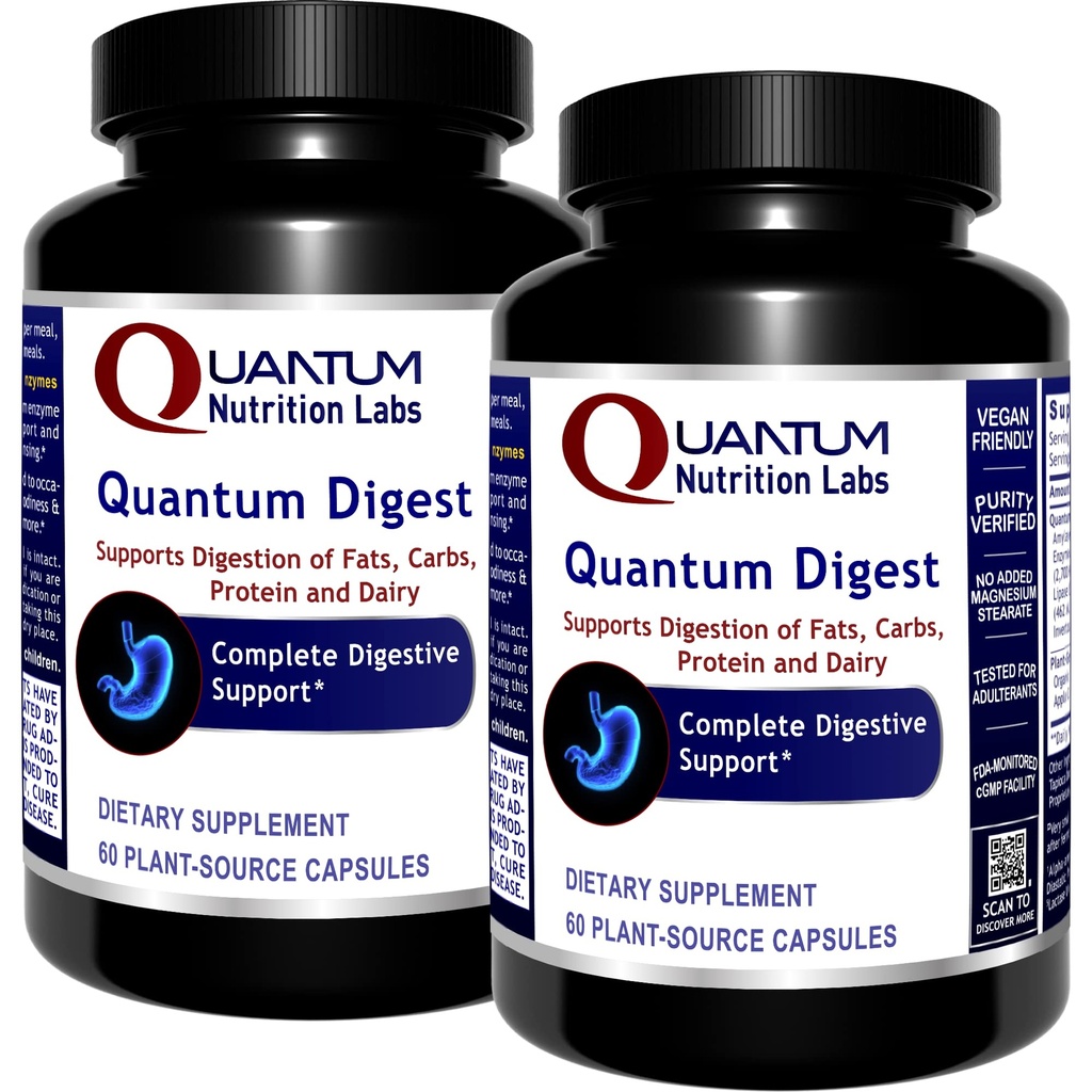 Quantum Nutrition Labs Quantum Digest - Digestive Enzymes Supplement for Women & Men, Supports Gut Health and Digestive Health with Amylase, Lactase - 60 Vegetarian Capsules