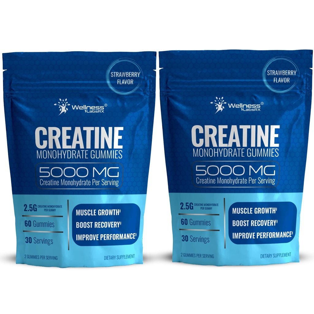 WELLNESS LABSRX Creatine Gummies 5000mg, 30 Servings Creatine Monohydrate Gummies, Strawberry Flavor Creatine for Men - Pack of 2