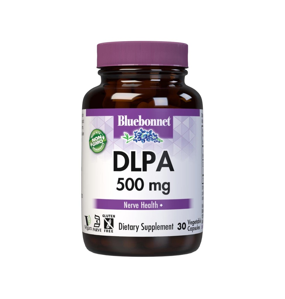 Bluebonnet Nutrition DLPA (DL-Phenylalanine) 500 mg, Free-Form Amino Acid, for Nervous System Support, Soy & Gluten Free, Non-GMO, Kosher, Vegan, 30 Servings, White, 30 Count