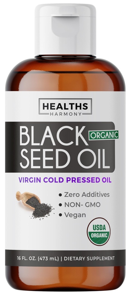 USDA Organic Black Seed Oil Liquid (16 fl oz) Premium Cold-Pressed Nigella Sativa Producing Pure Black Cumin Seed Oil - Antioxidant Supplement - Veganistisch, Glutenvrij, & Non-GMO (Geen pillen of capsules)