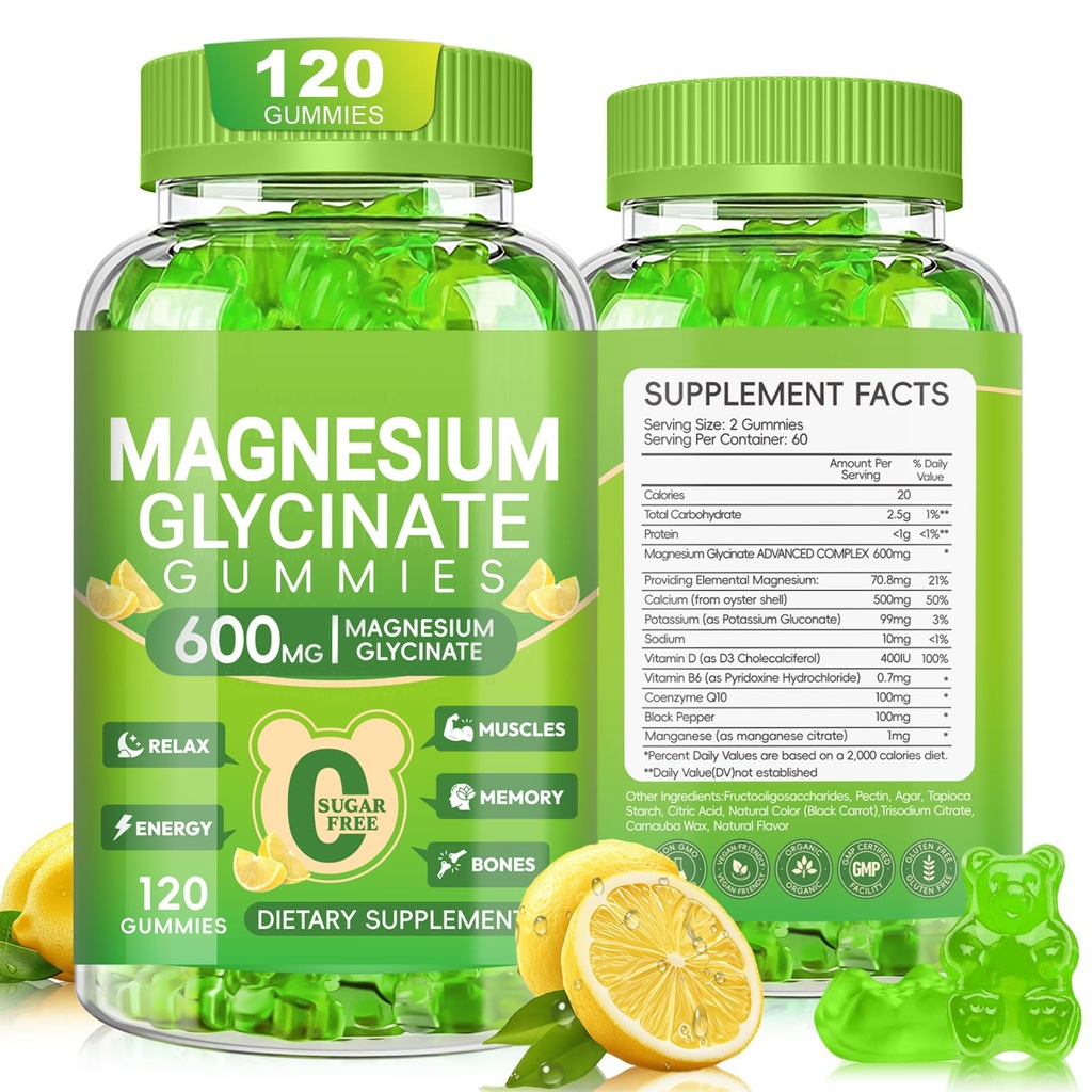 Magnesium Glycinate Gummies 600mg for Women and Men, High Absorption Magnesium Glycinate with Vitamin D, B6, and CoQ10 for Calm Support & Sleep, Sugar Free, Vegan, 60 Days Supply