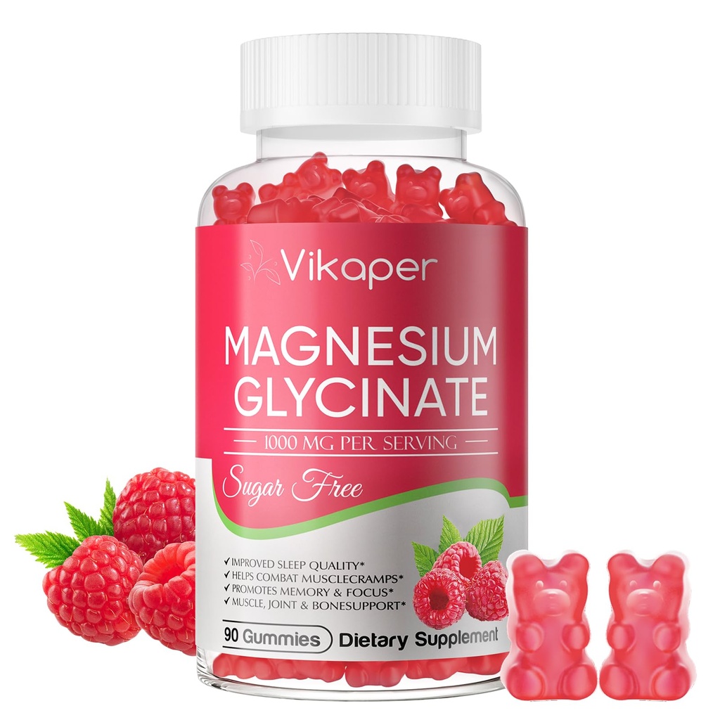 Magnesium Glycinate Gummies 1000mg Complex, Sugar Free Magnesium Supplement with Magnesium L-Threonate, Calcium, Potassium, Vitamin D3, B6 & CoQ10, Gelatin Free Raspberry Gummies for Adults, 90 Count