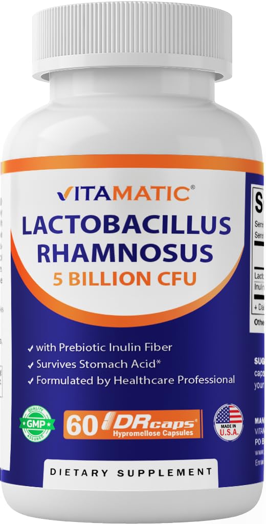 Vitamatic Lactobacillus Rhamnosus 5 miljard per DR-capsule (10 miljard per 2 capsules) - 60 telling - Geavanceerde spijsverterings- en immuunondersteuning - gemaakt met prebiotische Inulinevezel