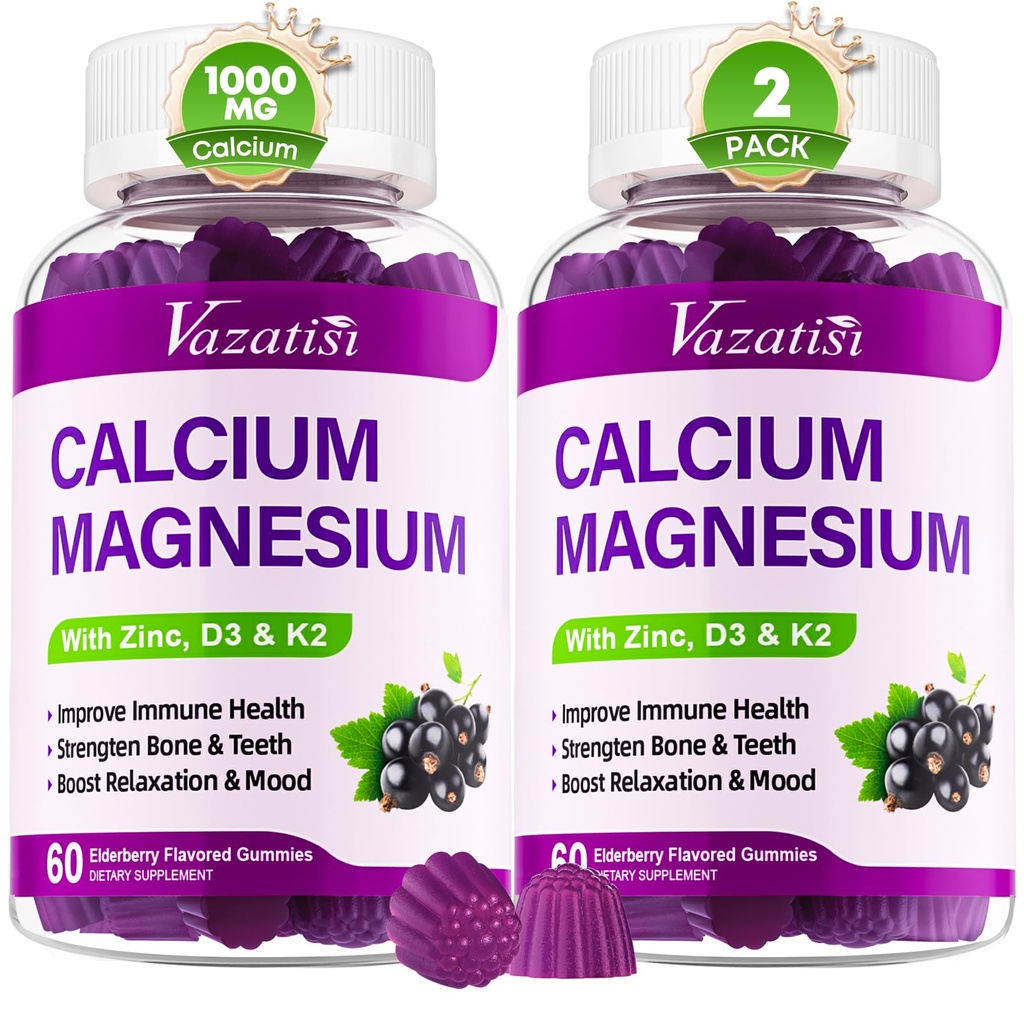 Calcium Magnesium Zinc Gummies with Vitamin D3 and K2, High Absorption Magnesium Glycinate Potassium for Immune and Muscles, Vegan Elderberry Flavor 120 Gummies