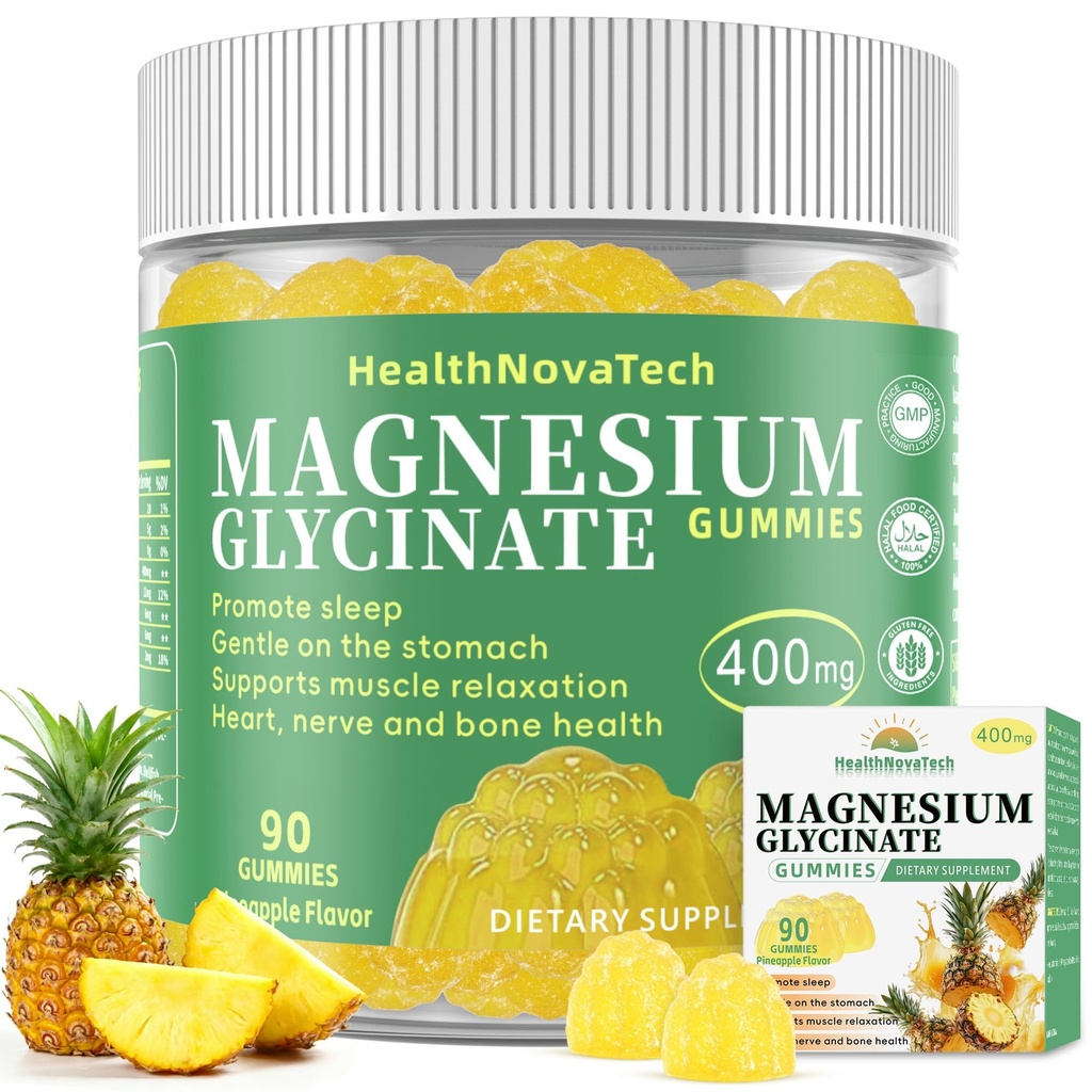 Magnesium Glycinate Gummies 400mg with Ashwagandha, CoQ10, Zinc & Vitamin C - Women Men Adults & Kids 4+ - Sugar Free Vegan Gummies for Sleep, Relaxation & Stress Relief-Pineapple Flavor, 90 Count