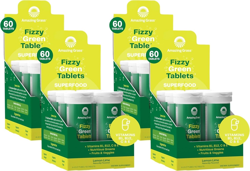 Verbazingwekkende Gras Fizzy Groene Tabletten Superfood Lemon Lime: Groene Superfood Watersmaak Tablet met Antioxidanten & Alkaliserende Groenen, 60 Tel (Verpakking mei Vary) (Pack of 4)