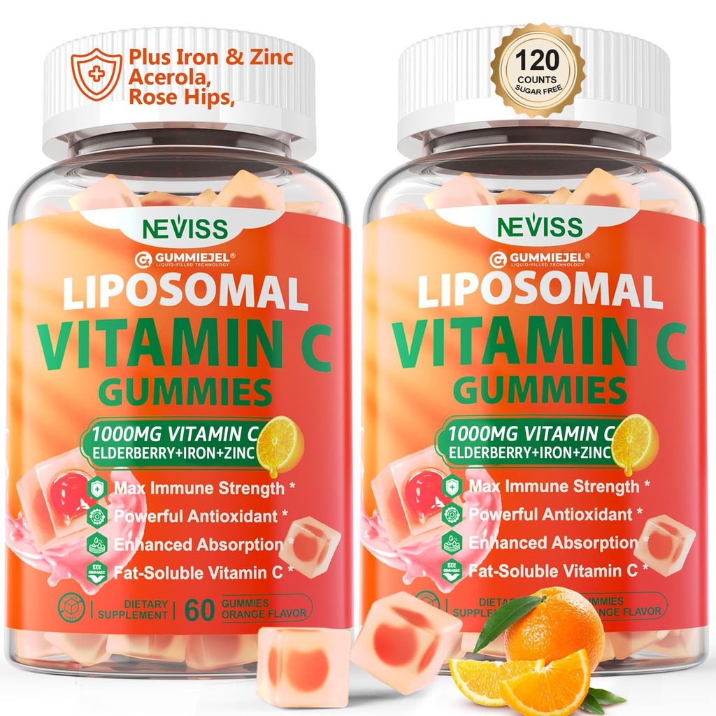 Liposomal Vitamin C 1000mg Gummies for Adults - Vitamin C Chewable with Elderberry, Zinc & 8mg Iron, Sugar Free Vit C Supplements, Daily Immune Support Gummies for Energy, Collagen Booster, 120 Counts