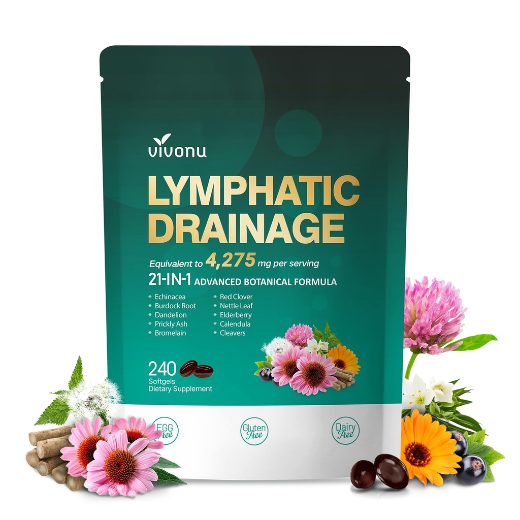 Lymphatic Drainage Supplement, Lymph System Support Supplement for Women & Men, 21-in-1 Herbal Blend with Echinacea, Dandelion, Burdock, Bromelain, Calendula, Turmeric & More