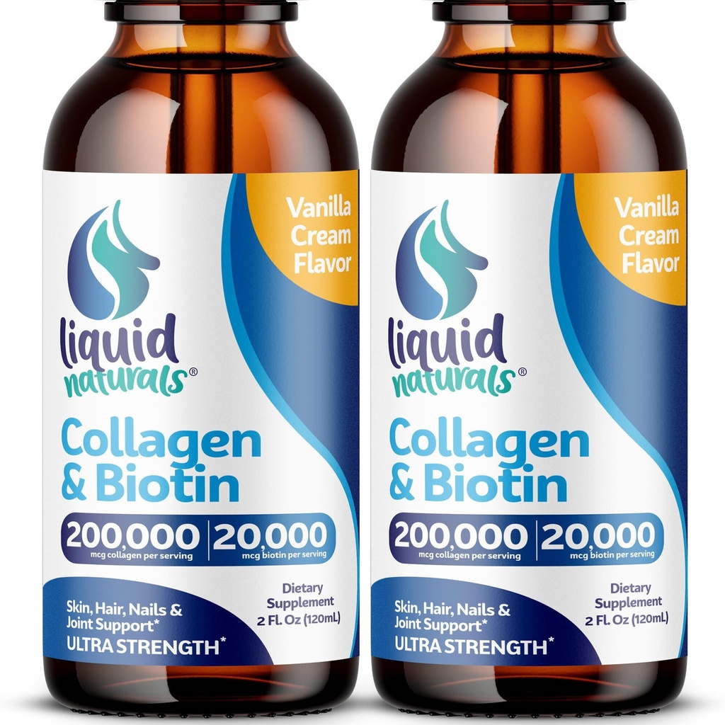 Liquid Collagen and Biotin, 2 Fl. Oz, Ultra-Strength Collagen Supplements for Women, Keto Friendly Biotin for Hair Growth Women, Nails, & Skin Vitamins B7 Collageno Peptides – Vanilla Flavor - 2 Pack