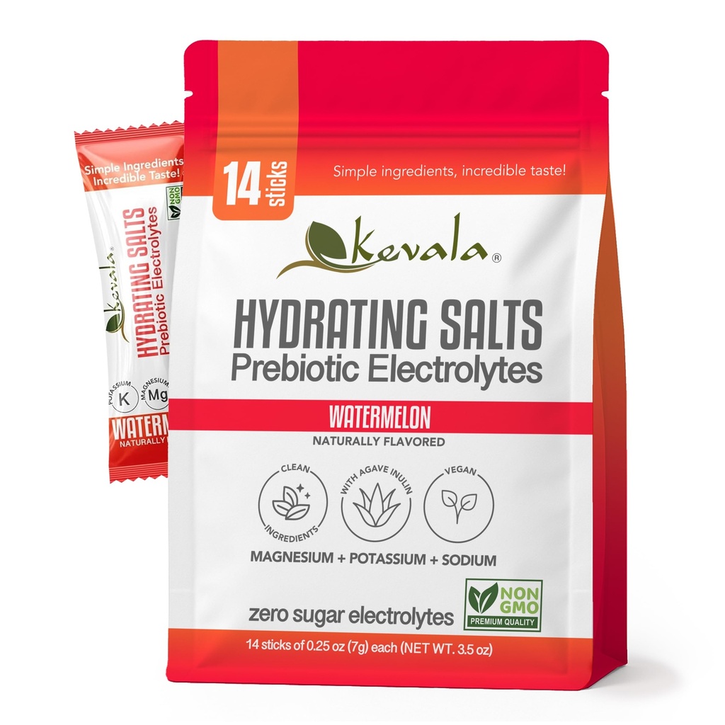 kevala Electrolytes Watermelon Powder Packets | Sugar Free Drink Mix Packets with Prebiotics, Potassium & Salt Electrolytes | Keto Hydration Packets | Rehydration Support | 1 Pack (14 Sticks)