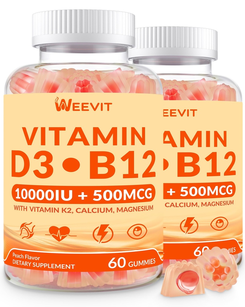 WEEVIT Vitamin D3 B12 Gummies, Vitamin D 10000IU & 500mcg Methyl B12 with Vitamin A, C, K, Calcium, Magnesium, Zinc for Women & Men, Support Eye, Bone, Energy