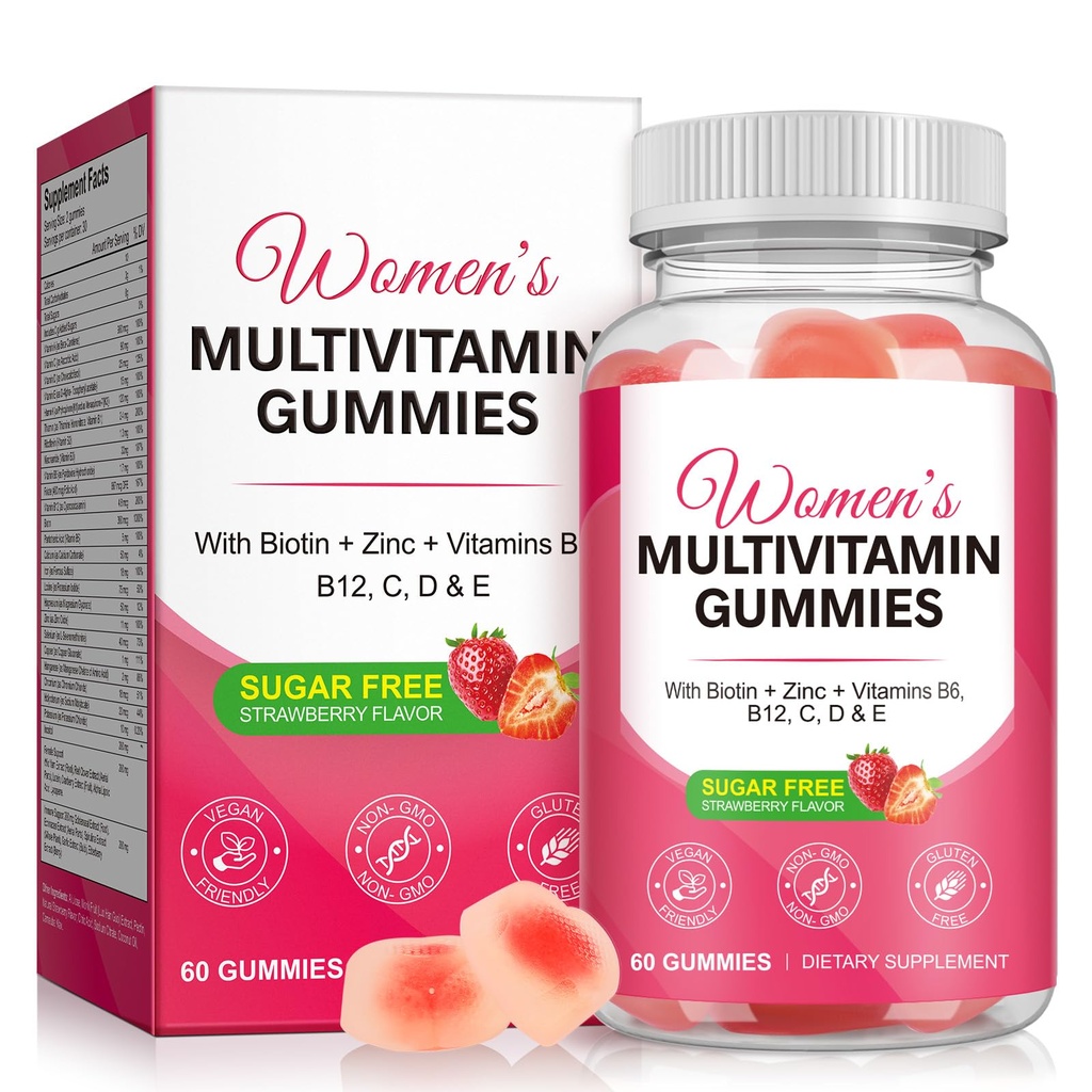 Gummy Vitamins, Women’s Multivitamin with Vitamin A, C, E and B, B12, all 20+ vitamins, for Skin Health & Immune Health Support, Strawberry Flavor, Gelatin-Free, Gluten-Free, Vegan & Non-GMO,60 Count