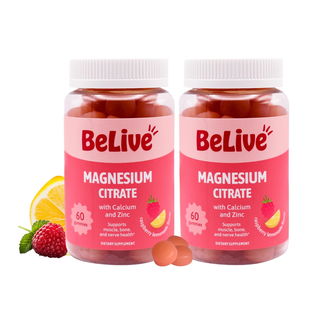 BeLive Magnesium Citrate Gummies with Calcium and Zinc for Adults and Kids - High Absorption Magnesium Supplement for Cognitive, Bone, Muscle and Nerve Health - Raspberry Lemonade - 120 Count