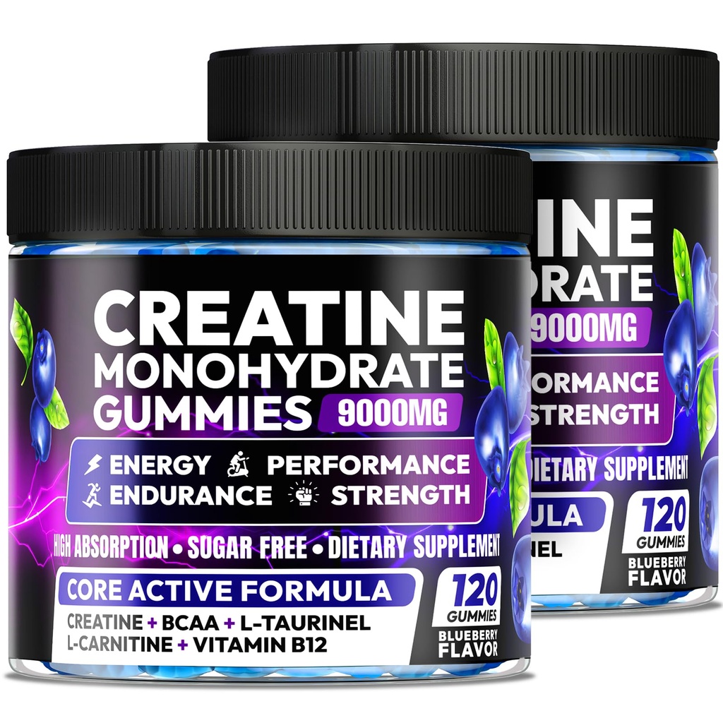 Creatine Monohydrate Gummies 9000mg for Men & Women, Creatine Chewables for Muscle Growth, Energy & Endurance Support, with L-Taurine & B12/6, Sugar Free, Vegan, Non-GMO, 2 Pack, Blueberry Flavor