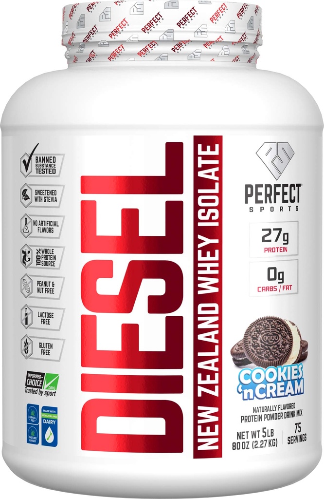 PERFECT SPORTS Diesel 100% New Zealand Whey Protein Isolate | Stevia Sweetened, No Artificial Ingredients, Keto | 0g Carb, 0g Fat, 27g Protein | 5 Pounds (Cookies 'N Cream)